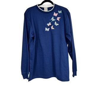 Blair Blue Butterfly Embroidered Sweatshirt Womens M Grandma Core Casual Cozy